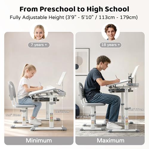 Height-Adjustable Kids Desk and Chair Set with LED Light and Storage