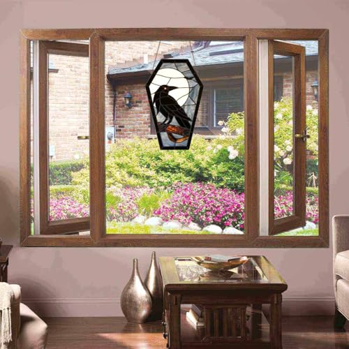Bieye Gothic Raven Stained Glass Window Panel - Halloween Sun Catcher, Coffin Shape, 16 Inches