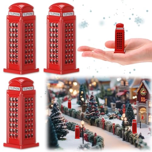 Set of 3 Miniature Red London Telephone Booths - Christmas Village Decor