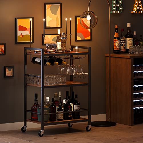 3-Tier Mobile Bar Cart with Wine Rack, Glass Holder and Storage Hooks