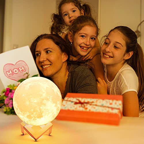 3D Printed Moon Lamp Night Light with Wooden Base, Rechargeable Touch Lamp