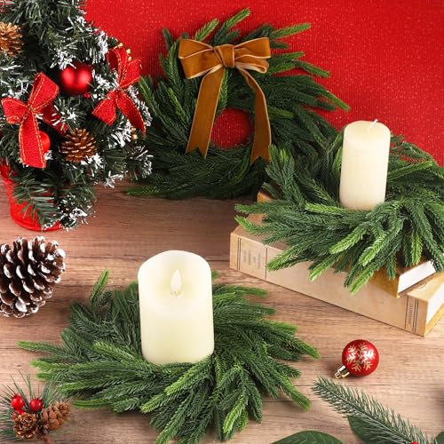 Aneco Brown 6pcs Christmas Candle Ring Wreath with Ribbon 6-Inch Artificial Norfolk Green Pine Home Decor