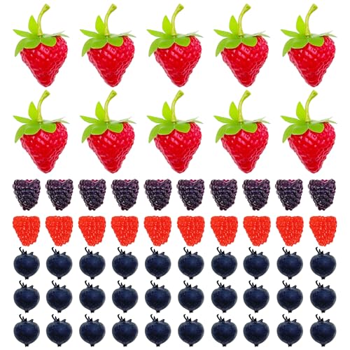 60 PCS Artificial Fruit Set - Fake Blueberries & Strawberries for Decor