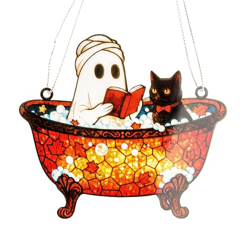 Gothic Bat Suncatcher Ghost Cat 2 - Purple Crescent Moon Window Hanging Halloween Decor