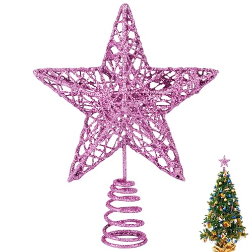 Mini Pink Christmas Tree Topper Star for Small Trees - Glitter Metal Decoration