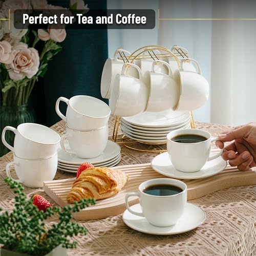 Daisy White Gold Trim 8oz Coffee & Tea Cups with Saucers Set of 12 – Brew To A Tea