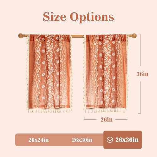 Boho Floral Short Tier Curtains - 26" Wide, 36" Long, 2 Pcs