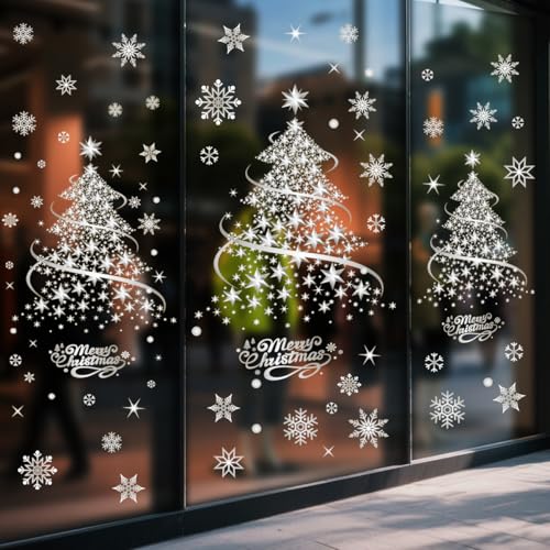 YULOONG Reusable Silver Christmas Window Clings Snowflake Tree Decor Set