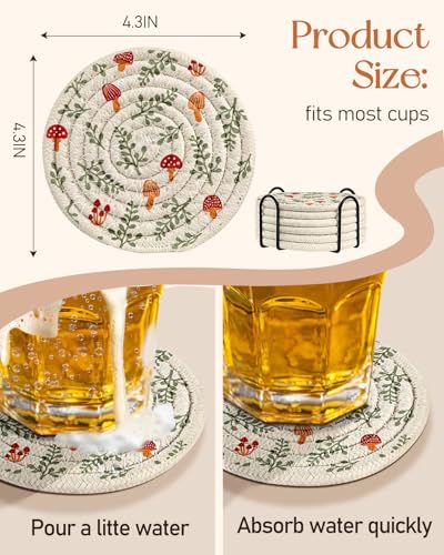 Kokaaee Mushroom Leaf Absorbent Coaster Set of 6 with Holder - Handmade Cotton & Linen Drink Coasters