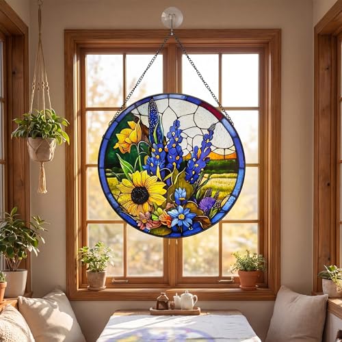 Sunflower & Lavender Stained Glass Suncatcher - 9.8 Inch Hand-Painted Window Decor
