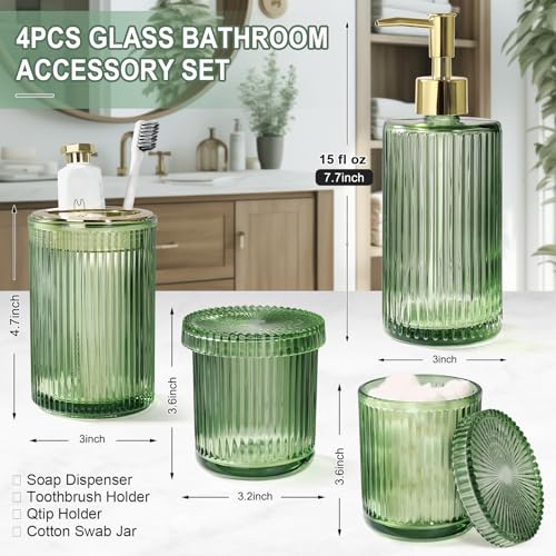 4-Piece Green Glass Bathroom Accessory Set, Vintage Ribbed Soap Dispenser