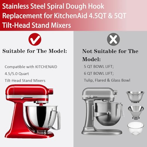 Stainless Steel Spiral Dough Hook for 4.5-5 Quart Tilt-Head Stand Mixers