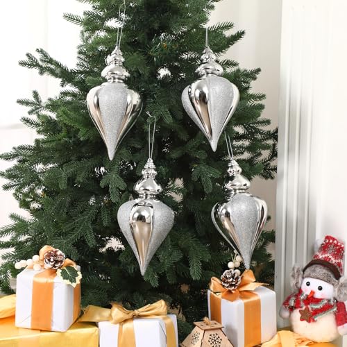 Soulchen 4 Pack 9-Inch Silver Glitter Christmas Ball Ornaments - Finial Drop Decor