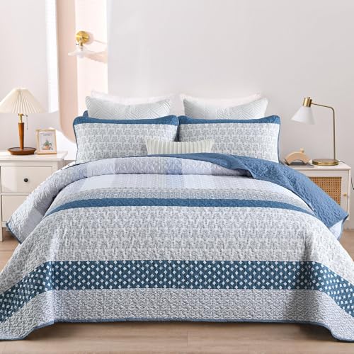 Blue Boho Striped Quilt Set King Size - 3-Piece Reversible Coverlet