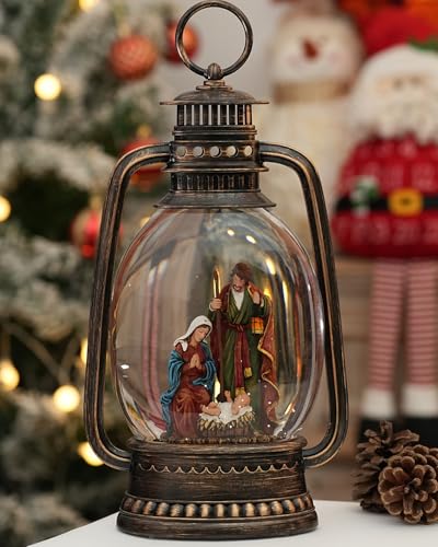 EDDORUNNING 12.6 Inch Nativity Snow Globe Lantern with Jesus - Silent Night Music, 6-Hour Timer