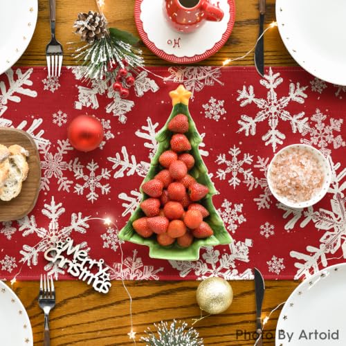 Snowflakes Christmas Table Runner 13x108 Inch Red Holiday Decor
