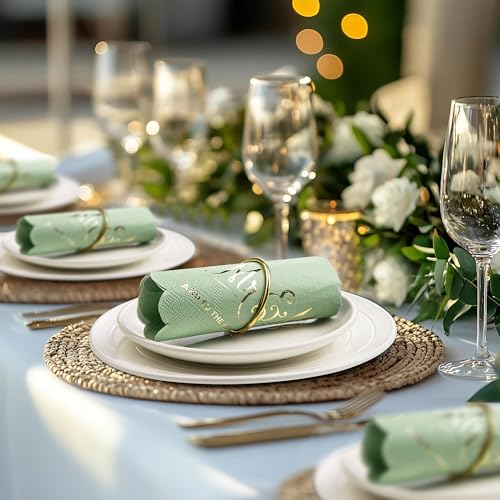 REFARICO Adventure-Green Scalloped Wedding Napkins 100 Pcs Gold Foil Mr and Mrs