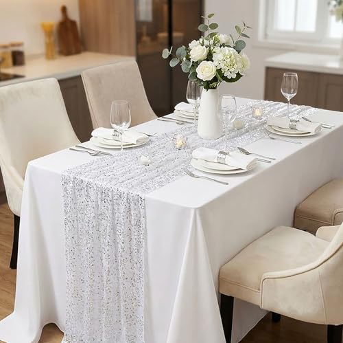 White Silver Metallic Foil Sequin Table Runner Set of 6 - 28x120 inches