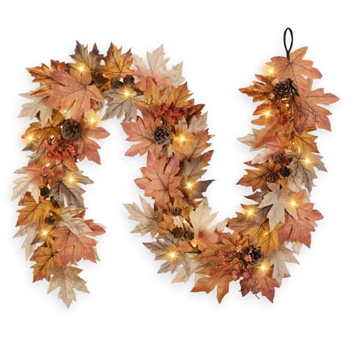 6ft Lighted Fall Garland with Timer, Autumn Leaves & Berries Decor