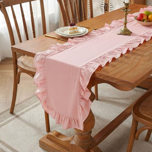 14 x 72 Pink Ruffled Table Runner – 100% Cotton, Scalloped Edge, Washable