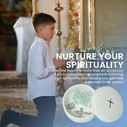 Boys Baptism Gift Set - Blue Rosary with Ceramic Keepsake Box & Card