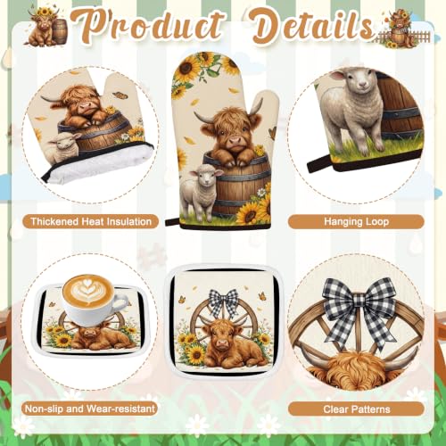 10-Piece Highland Cow Kitchen Decor Set with Sunflower Towels and Oven Mitts