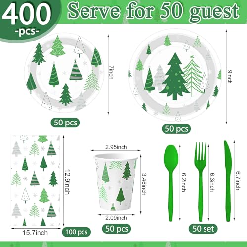 Pickmesh Christmas Tree Paper Plate Set for 50 Guests - Green Silver Party Supplies
