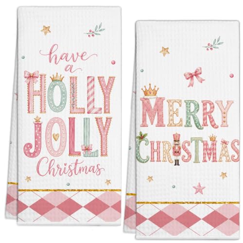 Dainty Pink Holly Jolly Christmas Kitchen Towels Set of 2 - Holiday Farmhouse Decor