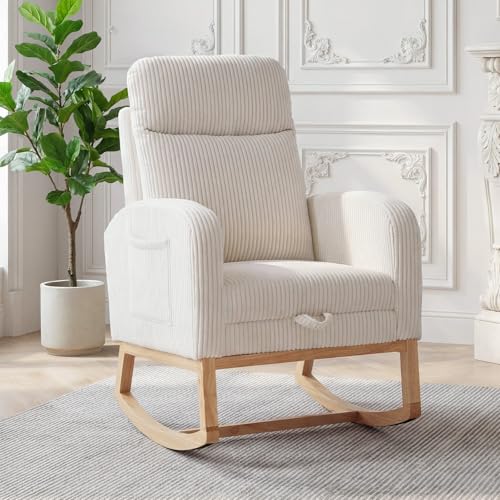 Corduroy Nursery Rocking Chair with Adjustable Footrest and Side Pocket