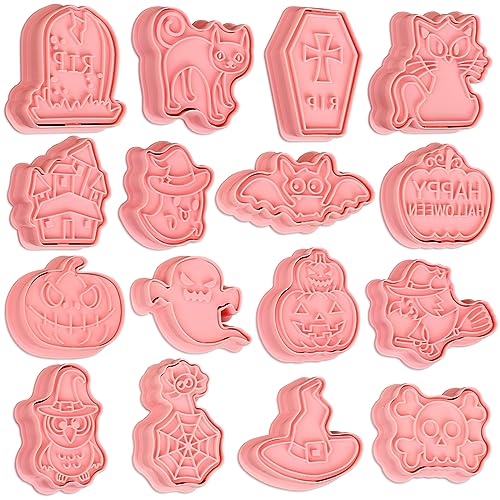Halloween Cookie Cutter Set 16 Pcs with Plunger Stamp - Ghost, Pumpkin, Bat & More