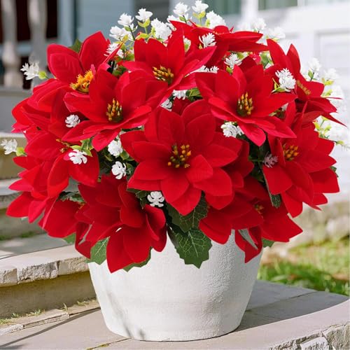 ZYZEV 14'' Artificial Poinsettias and Eucalyptus 12 Bunches Red - UV-Resistant Outdoor