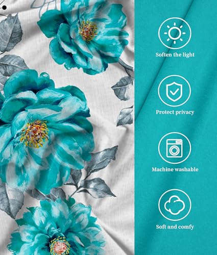 Teal Floral Curtain Set with Grommets - 6 Pcs (2 Print + 4 Solid, 38"x84")