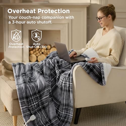 Heated Throw Blanket, Plaid Flannel Sherpa Electric Blanket 50"x60"