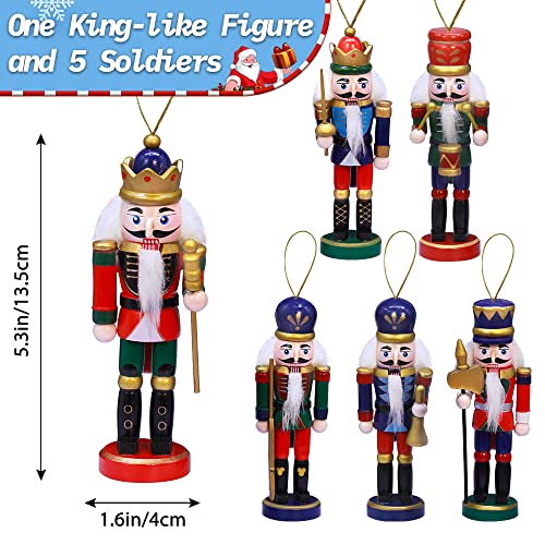 Wooden Christmas Nutcracker Ornaments Set of 6 - 5-Inch Xmas Tree Decor