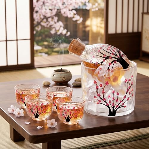 Irenare Japanese Sake Set with Cherry Blossom Design - 4 Cups, Bottle & Tank Gift