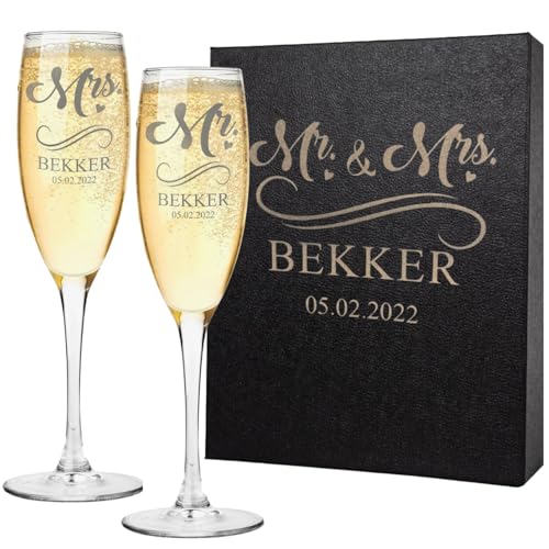 Personalized Champagne Flutes Set of 2, Custom Engraved Stemmed Glasses