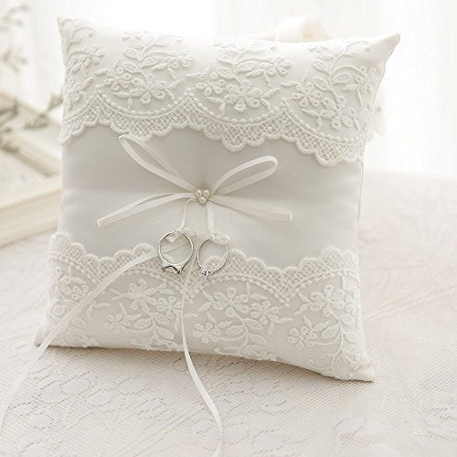 Ivory Satin Pearl Wedding Ring Pillow 8-Inch Square Ring Bearer Cushion