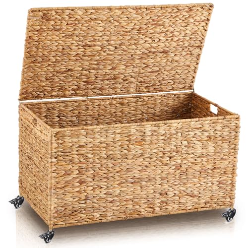 Rolling Woven Water Hyacinth Storage Trunk with Lid, 36-Inch Large Basket