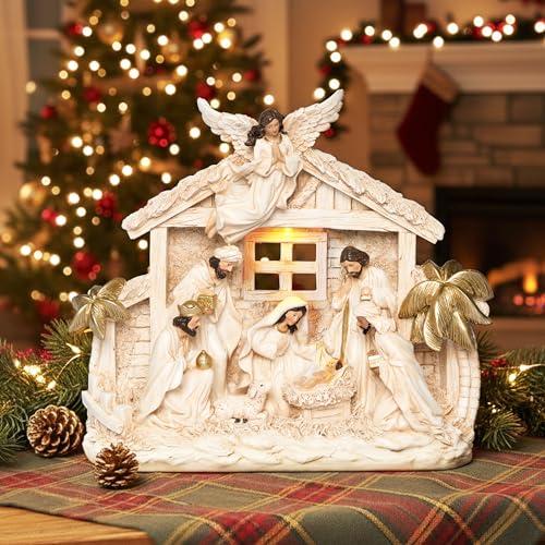 12.5-Inch Lighted Nativity Set - Resin Manger Scene for Christmas Decor