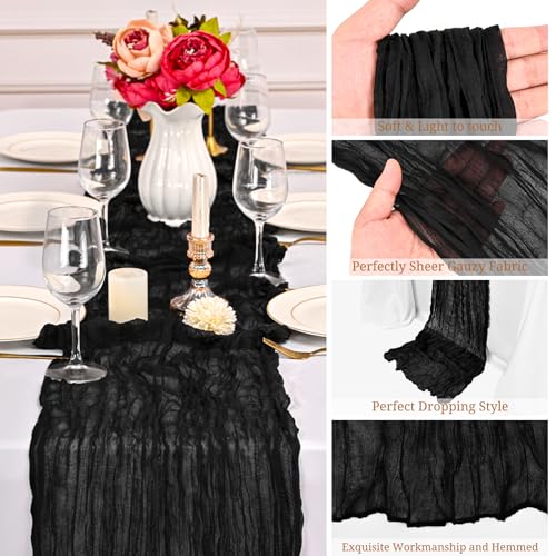 FXKS 12 Pack Black Cheesecloth Table Runner 20 x 120 in - Wrinkled Gauze, Hand Washable