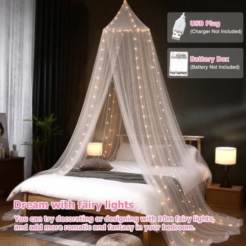 Princess Bed Canopy with LED Fairy Lights & Glow in the Dark Stars - White