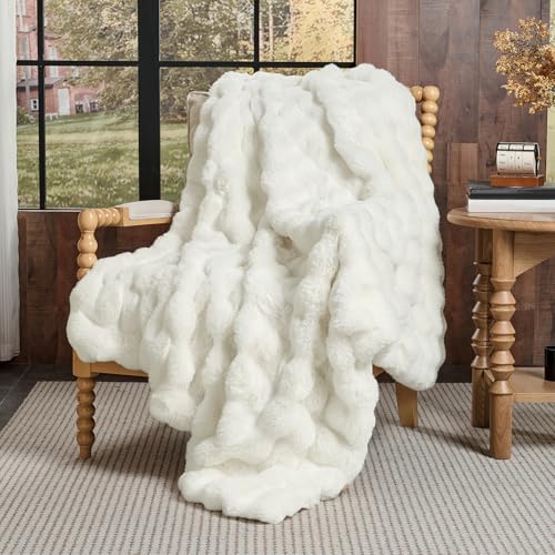 Faux Rabbit Fur Throw Blanket, Cream White Bubble Texture, 50x60 Inches