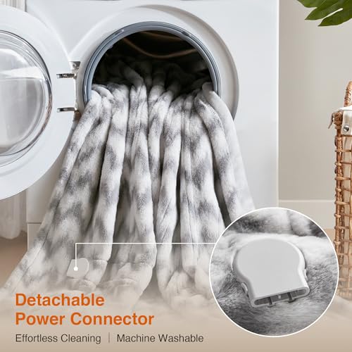 Chevron Faux Fur Electric Heated Throw Blanket, 50x60, Grey