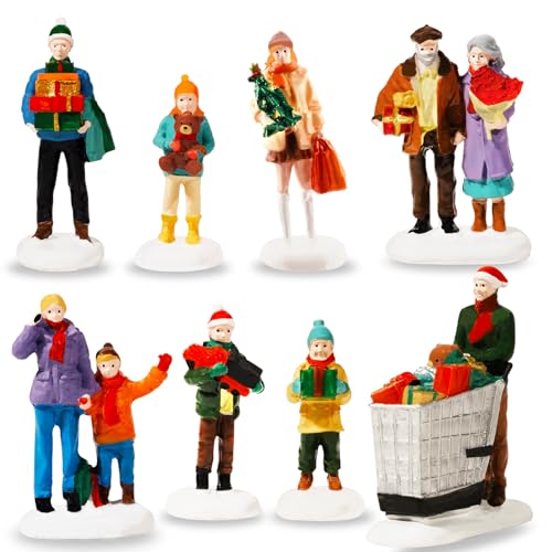 8PCS Christmas Village Figurines Set - Hand Painted Resin Miniature Decor