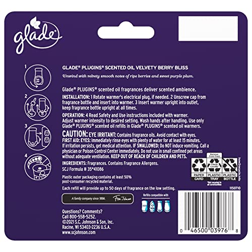 Glade PlugIns Refills Air Freshener, Scented and Essential Oils for Home and Bathroom, Velvety Berry Bliss, 3.35 Fl Oz, 5 Count