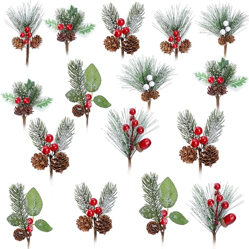 24 Pack Artificial Christmas Picks - 6 Styles Snow Frosted Berry Pine Cones Wreath Decor