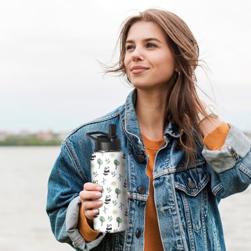 32oz Panda Water Bottle with Handle & Flip Straw - Stainless Steel Insulated Travel Mug (Stunnoosy Panda 32 Ounces)