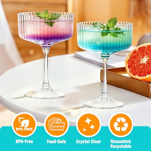 12 Pcs 10oz Ribbed Plastic Martini Glasses, Disposable Coupe Cocktail Set