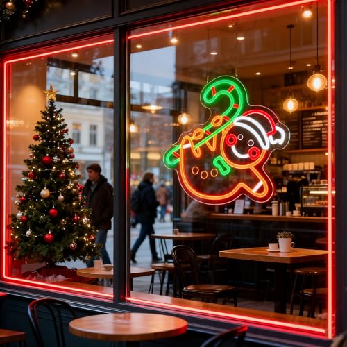 UHEBU Gingerbread Man & Candy Cane Whimsical LED Neon Sign - Christmas Home Decor