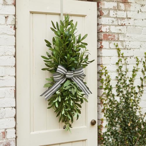 26-Inch Lighted Olive Leaf Swag with Timer and Striped Bow